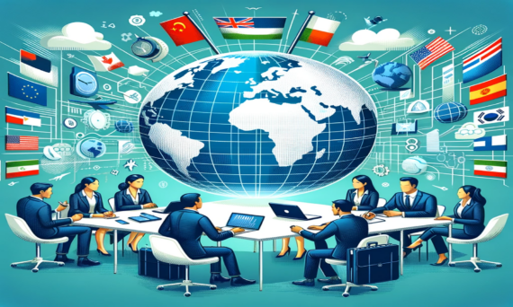 Illustrative image of a business team planning international expansion with a digital globe and international flags, symbolizing global business growth.