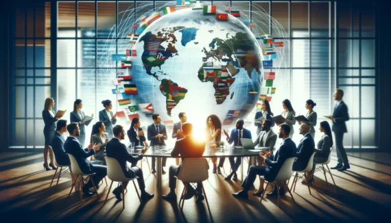 Diverse individuals collaborating around a globe in a modern office, symbolizing unity and innovation in international business partnerships.